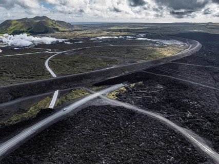 Lava, lava field, road, destroyed, summer, cloudy, sunny, aerial view, Blue Lagoon, Sundhnúkur