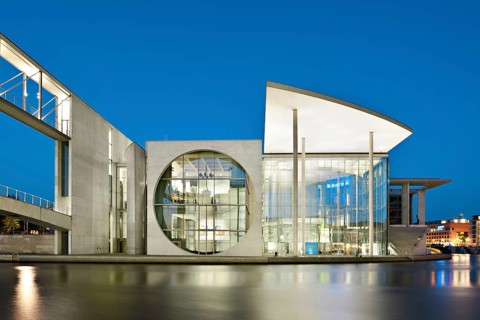 The Marie Elisabeth Lüders House of the German Bundestag on the Spree at dusk, blue hour,