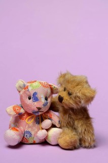 Two different teddy bears, leaning towards each other