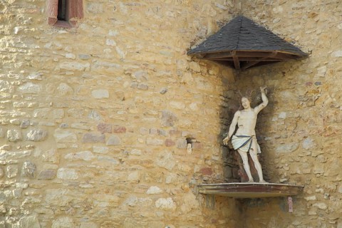 Saint Sebastian sculpture, Sebastiansturm, Eltville, Rheingau, Taunus, Hesse, Germany