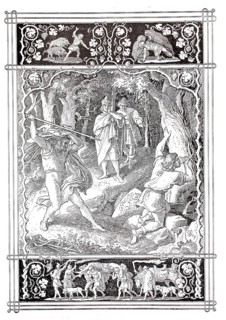 Hagen kills Siegfried, legend of the Nibelungs, illustration, reproduction from a model from the