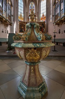 Baptismal font in the town church of St Maria, Hersbruck, Middle Franconia, Bavaria, Germany