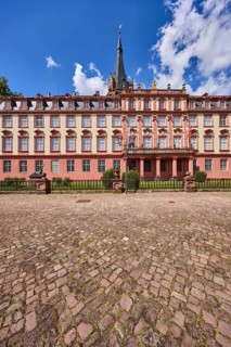 Erbach Castle, cobblestone square, blue sky with cumulus clouds, market square, Erbach, Odenwald,