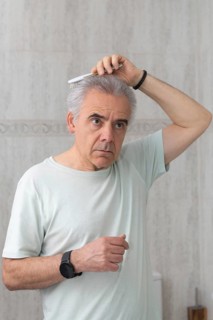 A mature man with gray hair attentively combs his hair in the bathroom, focusing on styling and