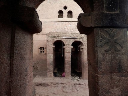 View of an old stone structure with arches and columns in the open, Unesco World Heritage Site,