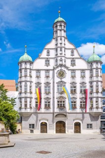 The historic town hall in Renaissance style on the market square of Memmingen in Unterallgäu,