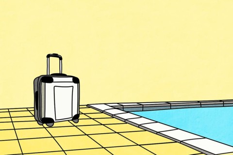 A minimalist illustration featuring a solitary suitcase beside a bright blue swimming pool, set