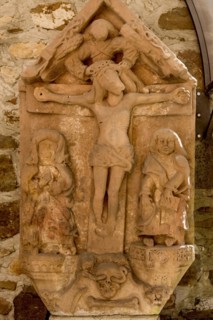 Grave slab of the Schwalbach family, crucifix, resurrection of Christ, relief in sandstone, Middle