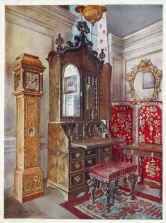 Furniture around the turn of the century 1900, Walnut desk top, Inlaid sycamore ('yellow') clock,