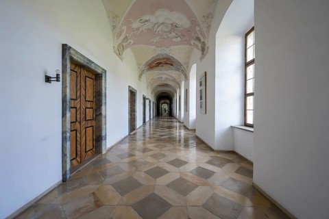 A long corridor in the Benedictine Abbey of Ottobeuren, Unterallgäu, Bavaria, Germany