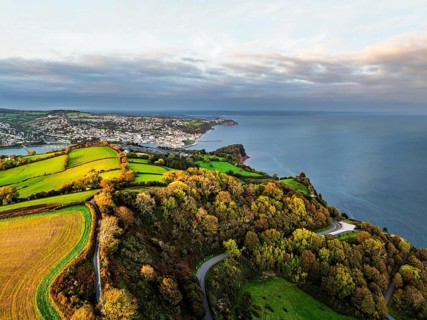 Colours of autumn Fields and Farms over Sheldon from a drone, Torbay, Devon, England, United