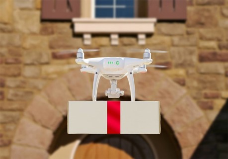 Drone Delivering Red Ribbon Wrapped Package to House Porch