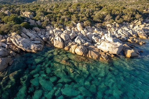 Rock formation on the coast near Tizzano seen from the air, Sartene, Corsica, France