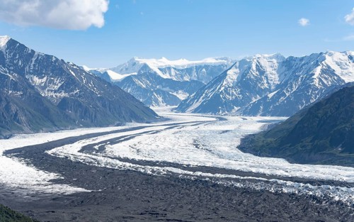 View of impressive mountain landscape with Matanuska glacier and glaciated mountain peaks, Lion's