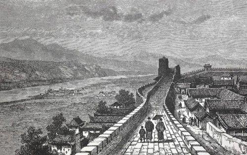 Historical lithograph of the city of Hsing-gan Fu, now Ankang, in Shaanxi Province (formerly