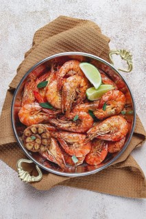 Fried tiger prawns, with spices, homemade, top view
