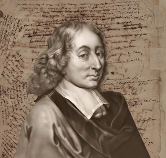 Portrait of Blaise Pascal with his handwritten manuscript, Pensées de Pascal, thoughts on religion,