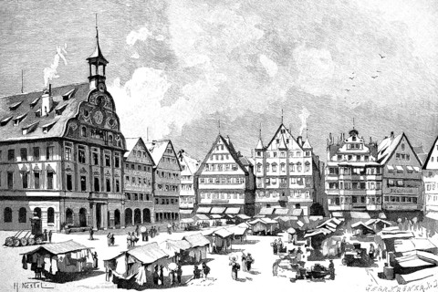 Stuttgart Town Hall and Market Square, 1890, Baden-Württemberg, Germany, illustration, reproduction