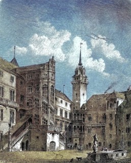 Hartenfels Castle in Torgau, Saxony, Germany, coloured woodcut from 1864, A historic building with