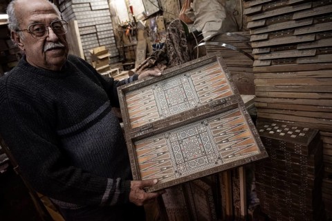 Damascus, Syria. December 10th 2025. Abu Toni a Syrian artisan craftsman with a wooden mosaic