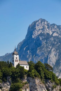 Drone shot, panorama shot, Johannesberg Chapel, Traunkirchen with Traunstein, Lake Lake Traun,