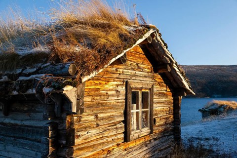 Europe, Finland, Lapland, Cabin in Utsjoki, Saami Village, Evening sun, Finnish Lapland, Finland