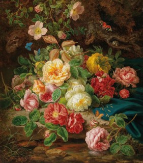 Lush flower arrangement with roses in various colours, framed by butterflies against a dark