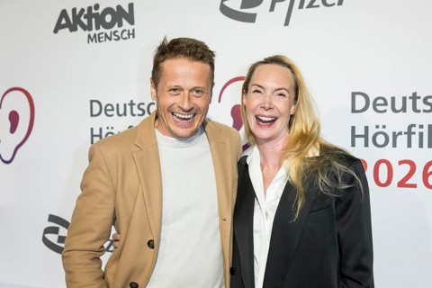 Roman Knizka and Feo Aladag in front of the German Audio Film Awards ceremony at the Colosseum