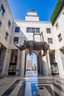 Hanging sculpture of a rhinoceros, Brescia, Lombardy, Italy