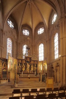 Interior view with folding altar of the Romanesque Gothic Marienkirche and landmark of Gelnhausen,
