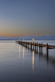 Sunrise, footbridge at Malerwinkel, Chiemsee, Chiemgau, Bavaria, Germany