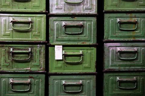 A stack of green metal crates