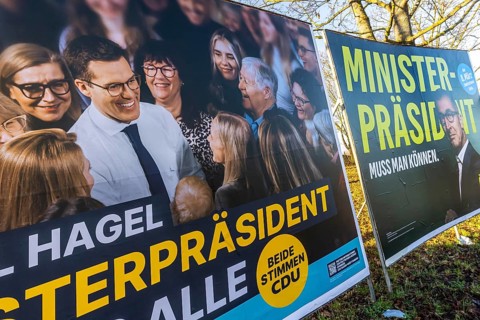 2026 state election in Baden-Württemberg. Election posters at a crossroads in Fellbach. Large