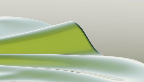 A 3D render showcasing elegant, flowing abstract shapes in soothing green and white hues. The