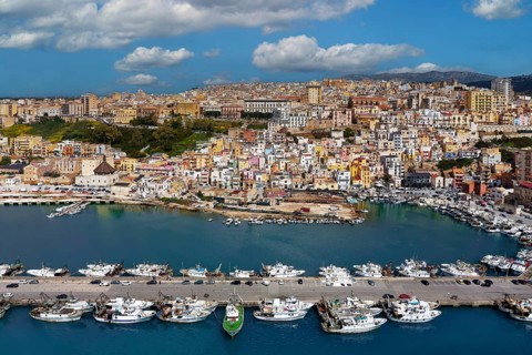 Aerial view, front harbor, fishing port, fishing boats, ships, back Sciacca, picturesque, port