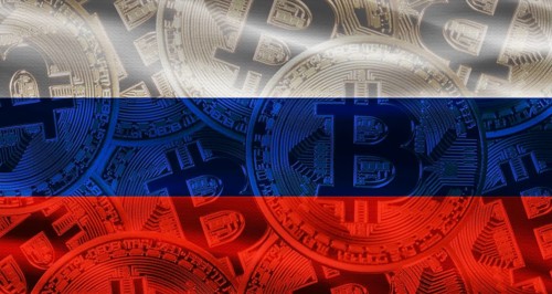 Various Bitcoins on Russia flag background. Golden bitcoin coins on Russia flag background