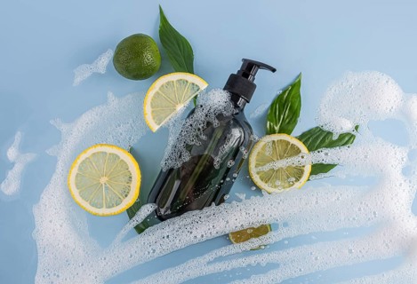 Luxurious black bottle of shower gel with lemon slices and green leaves, surrounded by frothy