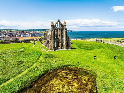 Whitby Abbey over River Esk from a drone, North Yorkshire, England, United Kingdom