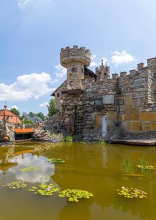 Newly built castle in the style of a Slavic castle, Jakubzburg in Mortka, Lohsa, Saxony, Germany