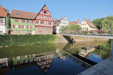 Reflection of half-timbered houses in the Nagold River, Idyll, Weinsteg, Calw, Nagold Valley,