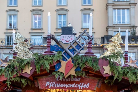 Detailed decoration on the stalls of the Striezelmarkt Christmas market, Dresden, Saxony, Germany