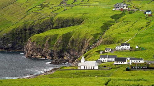 Europe, Denmark, Faroe Islands, Vidareidi, town view with church, Faroe Islands, Denmark