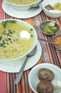 Sopa de gallina with egg, chicken soup, traditional dish in the Andean highlands of Peru, with