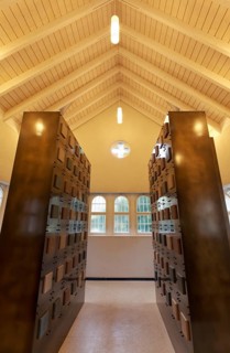 Modern columbarium in the old mourning hall, interior with urn chambers, Cologne Melaten Cemetery,