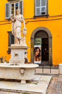 Statue and fountain Fontana della Pupporona in Piazza San Salvatore, historic city centre, Lucca,