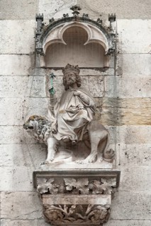 King Nepukadnezar riding a lion, 14th century, main façade of Regensburg Cathedral, Regensburg,