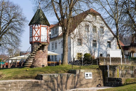 Old water level, Weser River, Bad Karlshafen, Weserbergland, Hesse, Germany