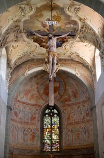 Interior view, Jesus on the cross in front of ceiling painting, ceiling fresco, painting in the