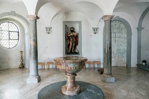Baptistery, parish church, baroque basilica of St. Mang, interior view, Füssen, Ostallgäu, Allgäu,