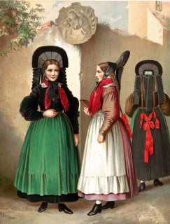 Traditional costumes in Germany around 1820, Province of Württemberg, around Rottweil, Three woman